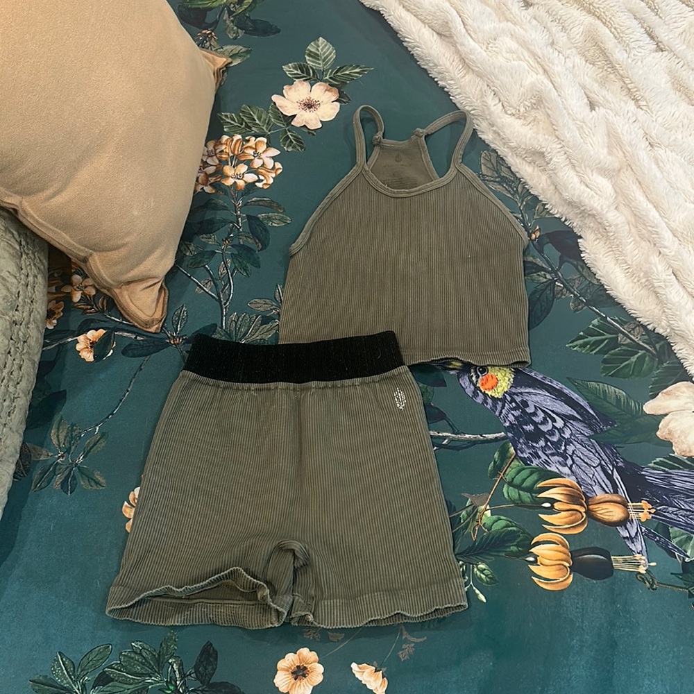 Free People Olive Green Ribbed Crop Tank and Shorts Set